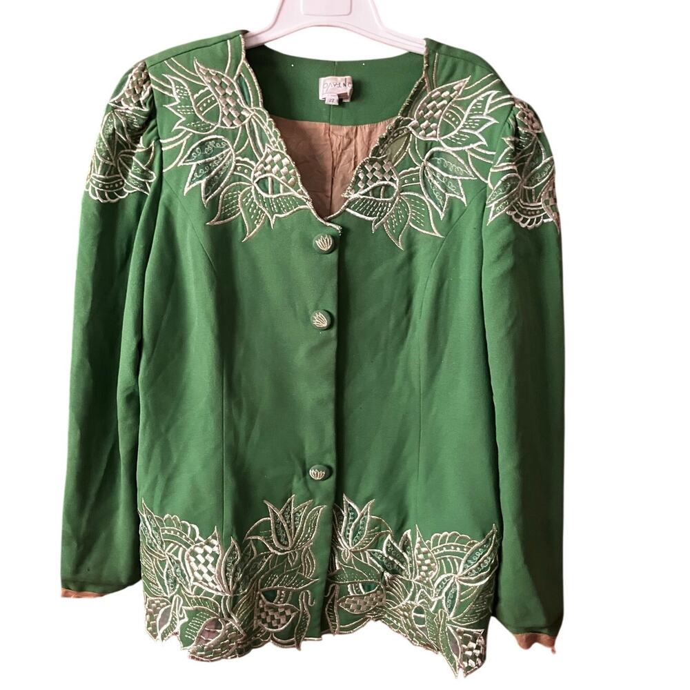 DaVinci Vintage Green Embroidered Blazer Womens 22 Scallop Hem Jacket Plus